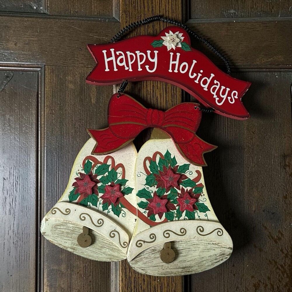 Vintage Vibrant Hand-Painted Happy Holidays Wooden Bells Wall Plaque Decor